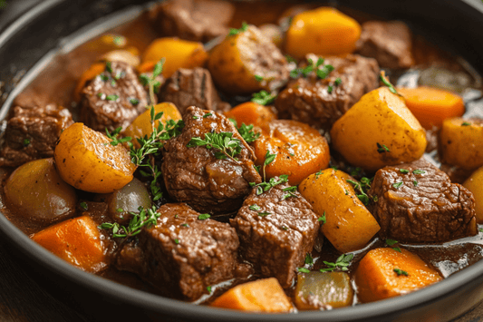 Hearty Diced Beef and Red Wine Stew with Root Vegetables
