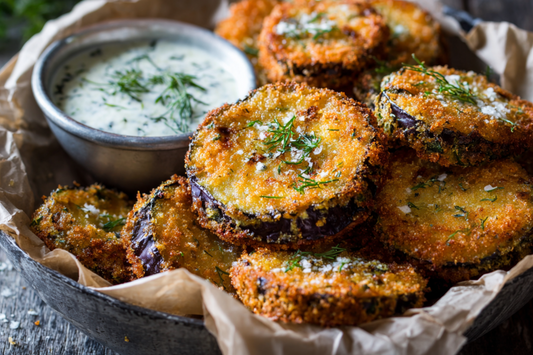 Crispy Golden Fried Eggplant with Garlic Herb Dip