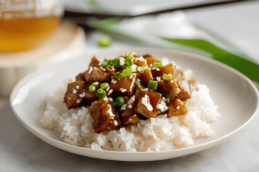 Sticky Honey Garlic Diced Pork with Sesame and Spring Onion