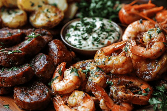 Spanish Tapas Platter with Patatas Bravas, Chorizo al Vino, and Garlic Prawns