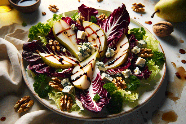 Crisp Radicchio Leaves Tossed with Sweet Pears and Creamy Gorgonzola