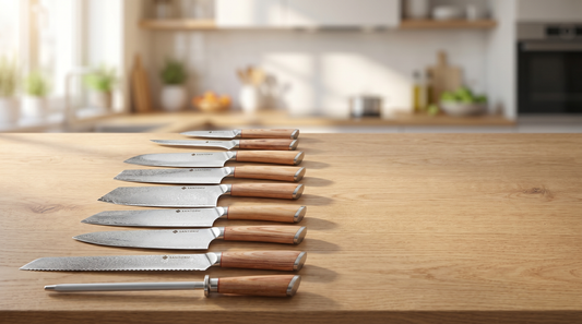 A set of Japanese Damascus steel kitchen knives with wooden handles on a kitchen worktop
