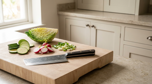 A nakiri vegetable knife on a wooden chopping board surrounded by prepped courgette, radish, spring onion and cabbage