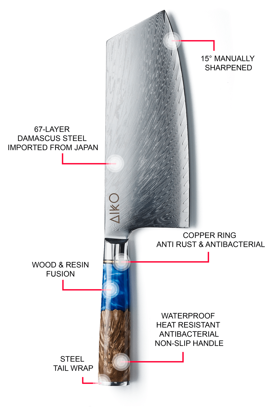 Aiko Blue Damascus Steel Knife with Coloured Blue Resin Handle