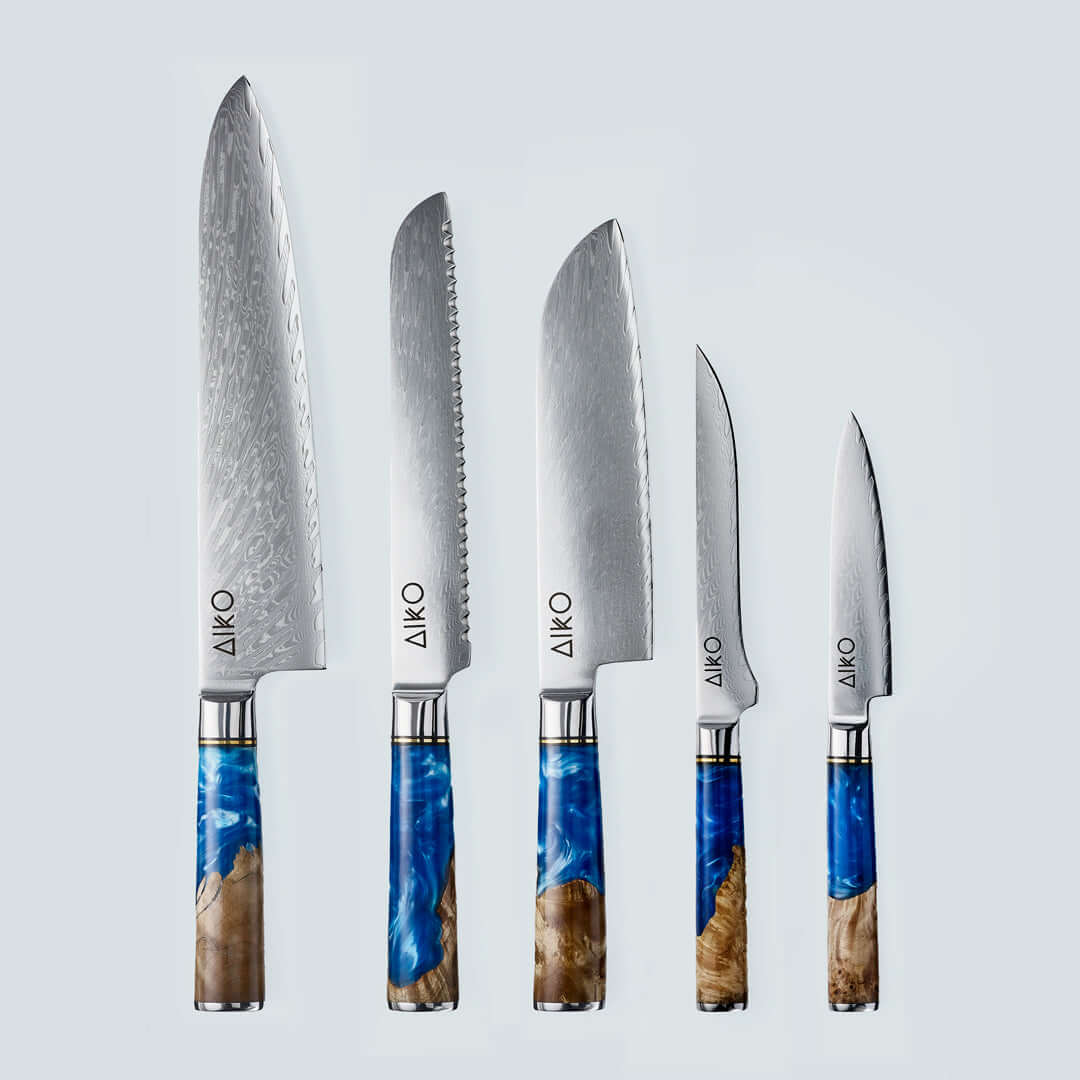 Aiko Blue (あいこ, アイコ) Damascus Steel Knife with Coloured Blue Resin Handle