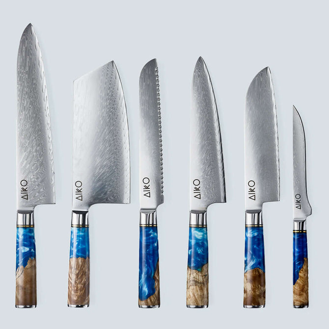 Aiko Blue Damascus Steel Knife with Coloured Blue Resin Handle