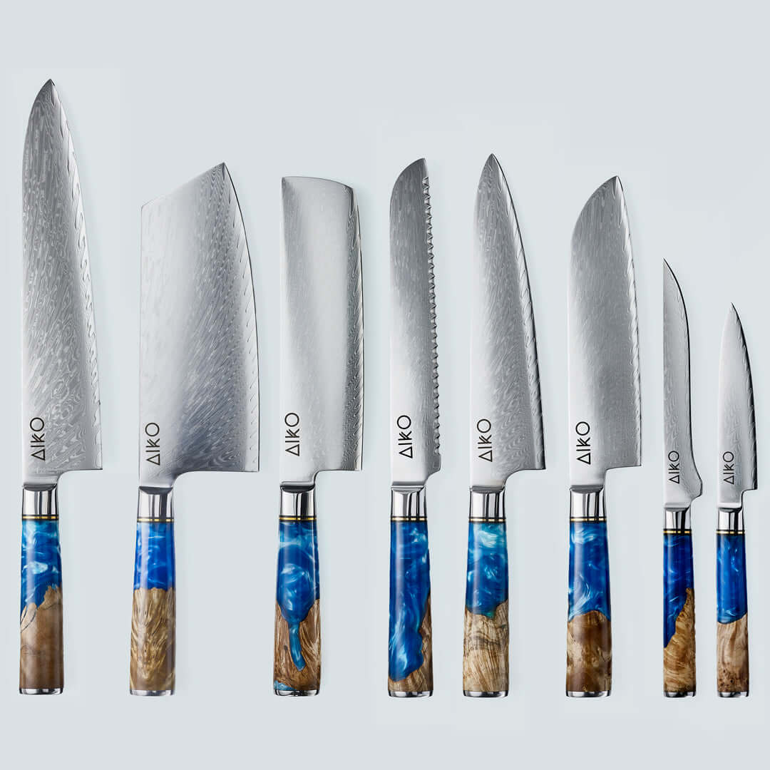 Aiko Blue (あいこ, アイコ) Damascus Steel Knife with Coloured Blue Resin Handle - 8pcs Set | Santoku Knife