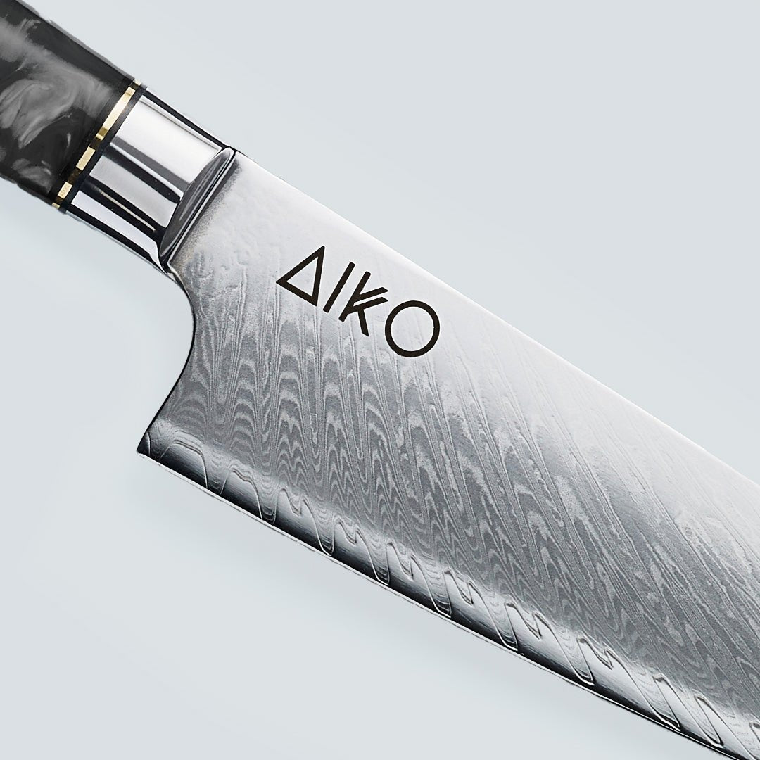 Aiko Black (あいこ, アイコ) Damascus Steel Knife with Coloured Black Resin Handle - 8pcs Set | Santoku Knife