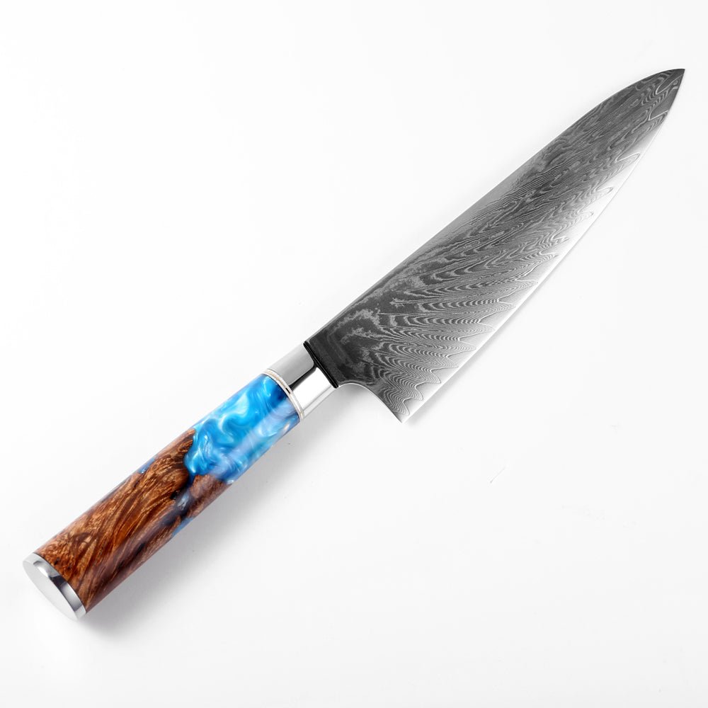 Gyuto (  牛刀) Damascus Steel Knife with Coloured Blue Resin Handle