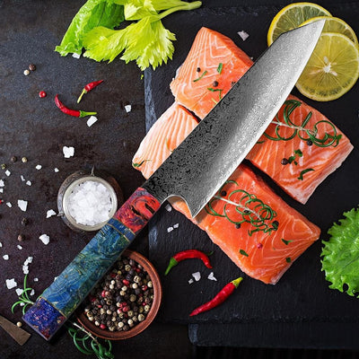 Kiritsuke ( きりつけ) Damascus Steel Knife With Coloured Ebony Handle